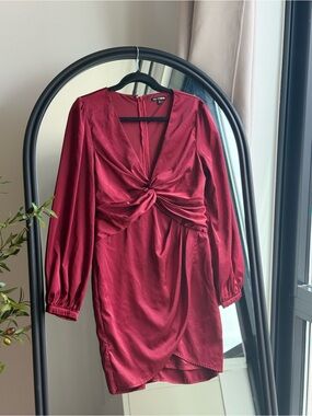 Fashion Nova Burgundy Twist-Front Long Sleeve Satin Dress